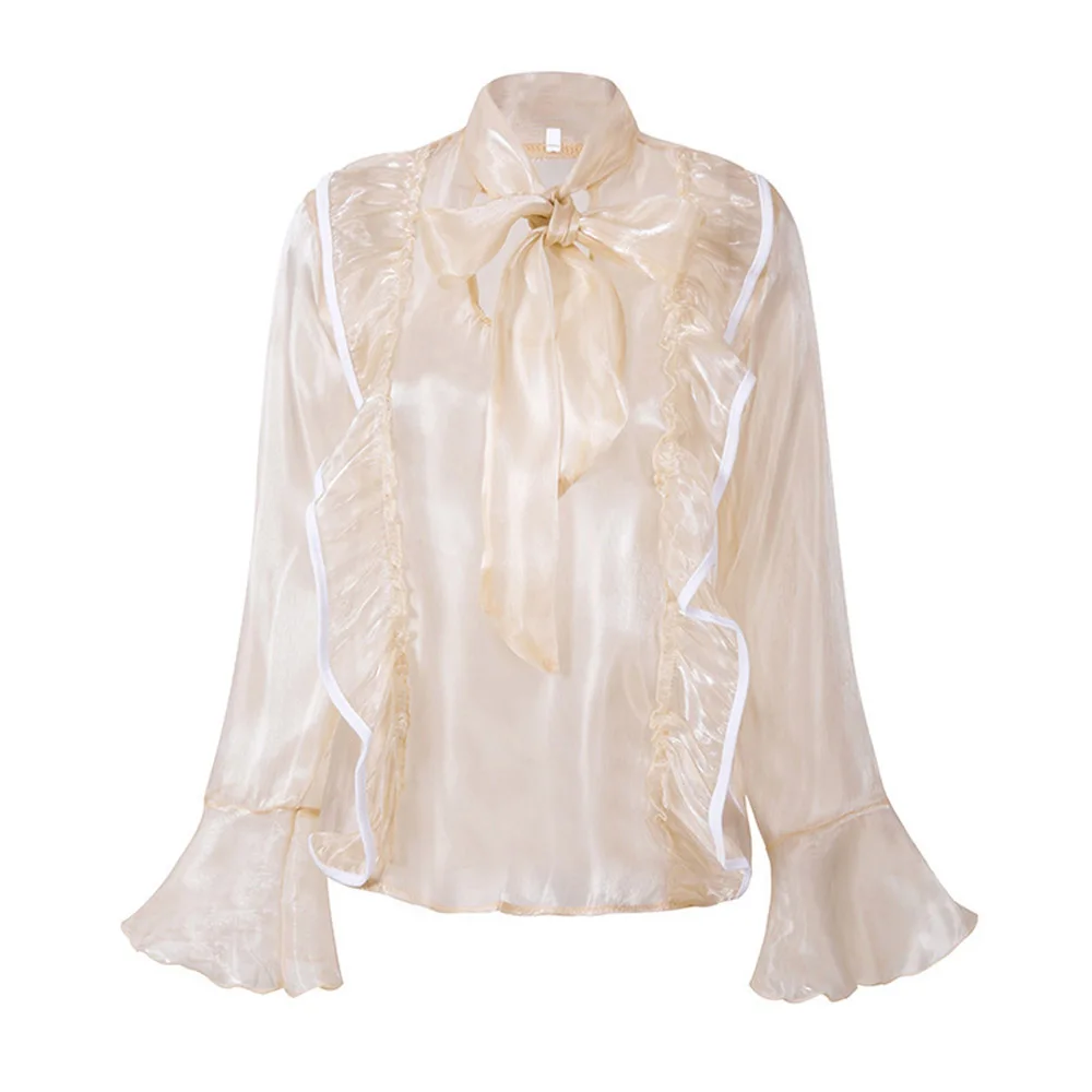 Женская блузка в стиле ретро водолазка топы с длинными расклешенными рукавами