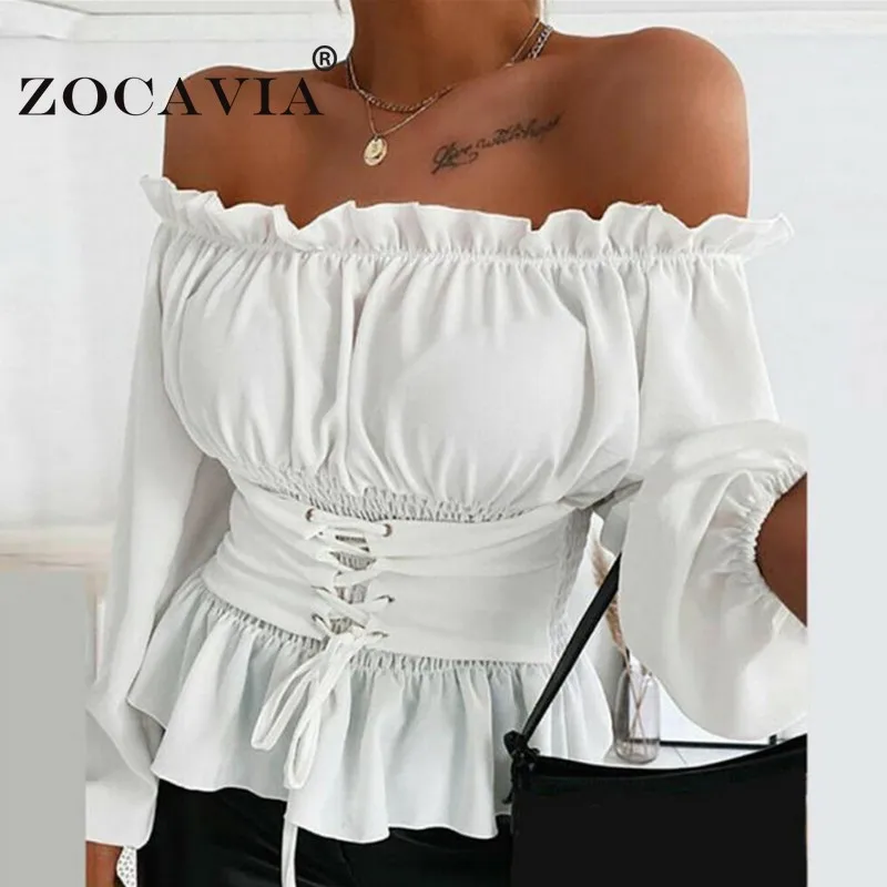 

Solid Blouses and Shirts Autumn Off Shoulder Top Female Elegant Blouses Plus Size Tops 5XL Vintage Long Sleeve Blouse for Women