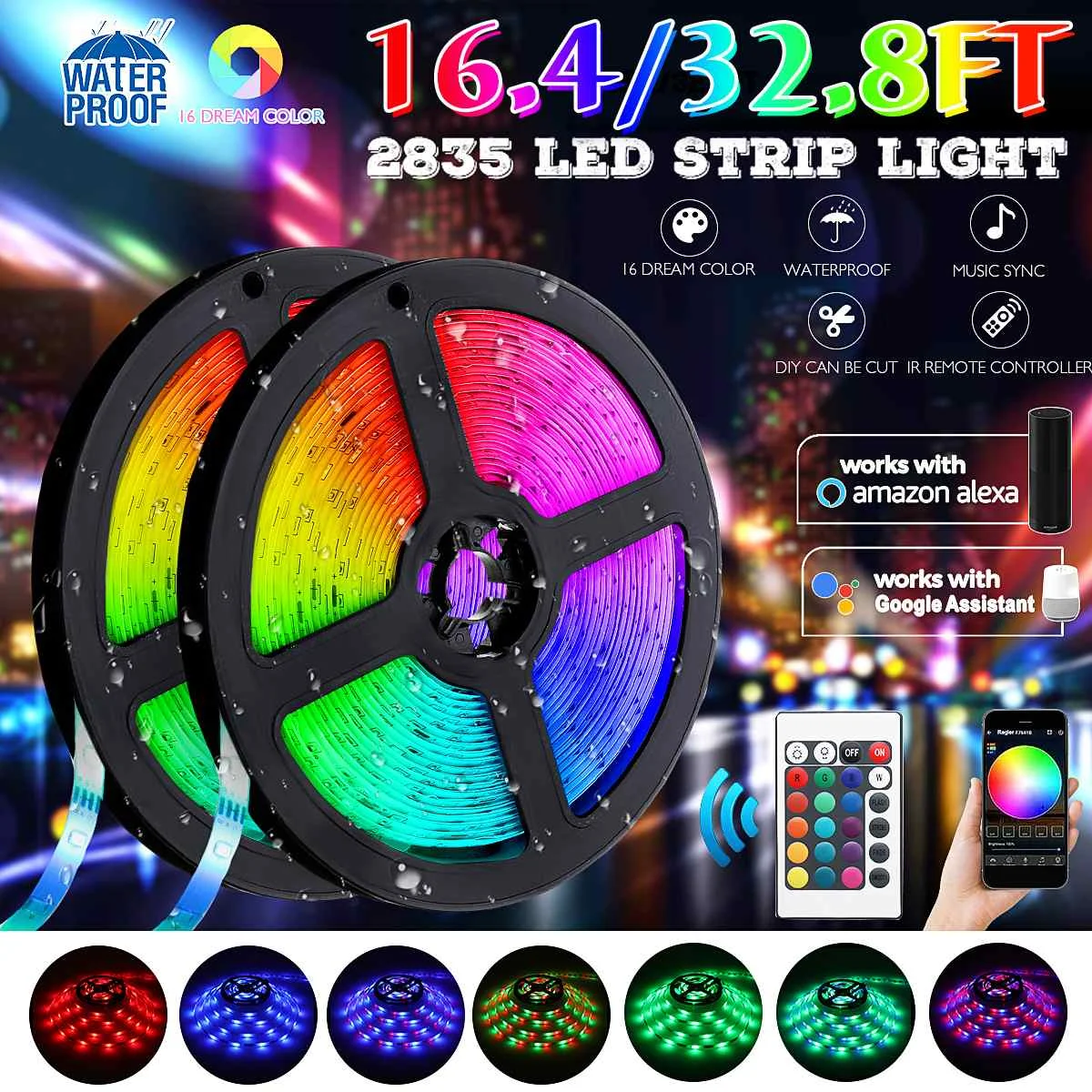 

10M 2835 RGB LED Light Strip AC100-240V LED Tape Lights RGB Rope Lights Flexible Changing LED Strip Lights Bluetooth App Control