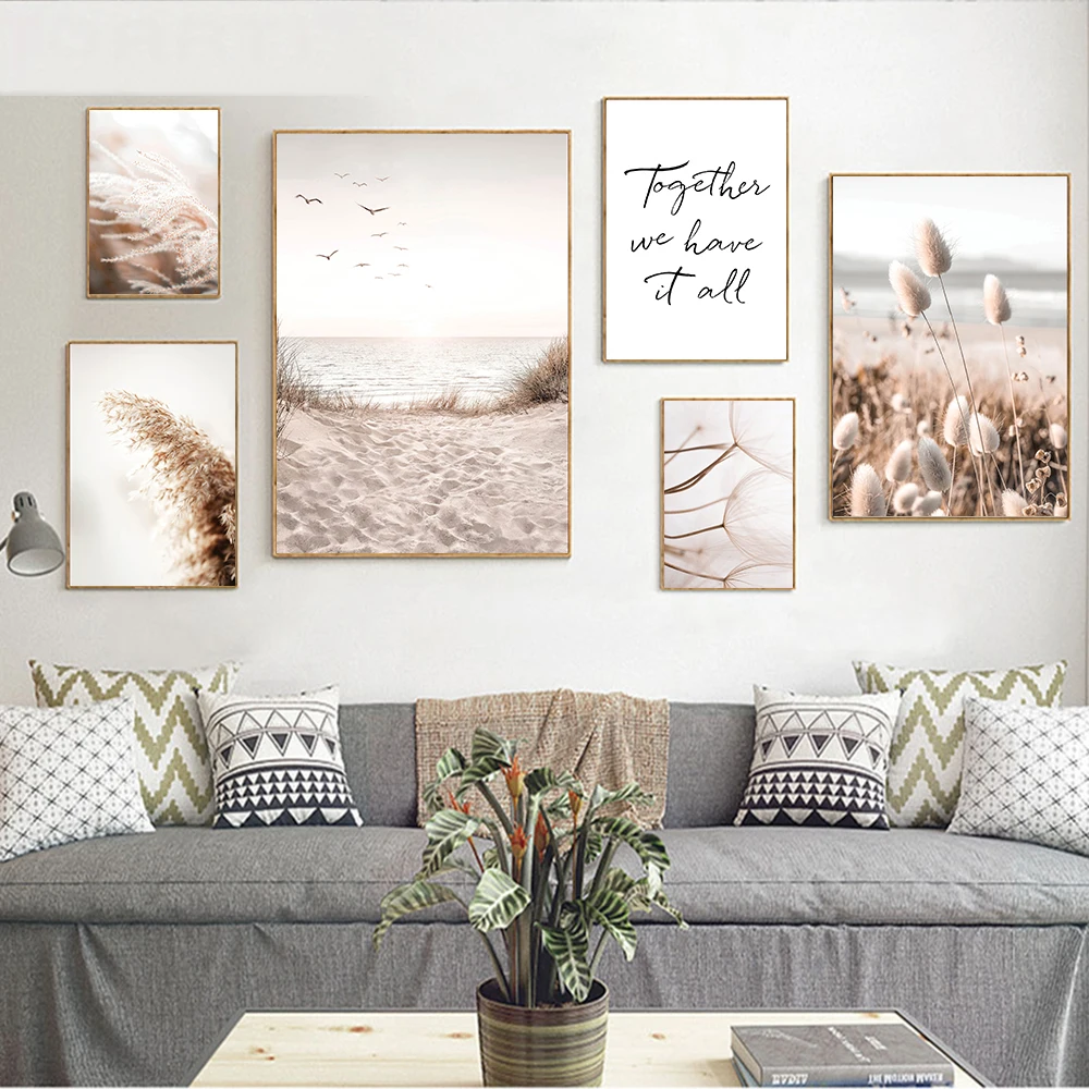 

Natural Botanical Poster Beachscape Reed Canvas Painting Modern Bunny Tail Grass Art Print Beige Wall Picture Living Room Decor