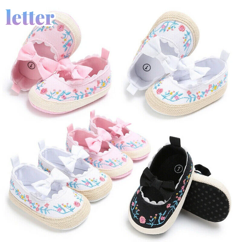 

2022 Cute Bow Floral Newborn Baby Boy Girl Crib Shoes Canvas Soft Sole Pram Anti-slip Sneaker 0-18M baby shoes girls