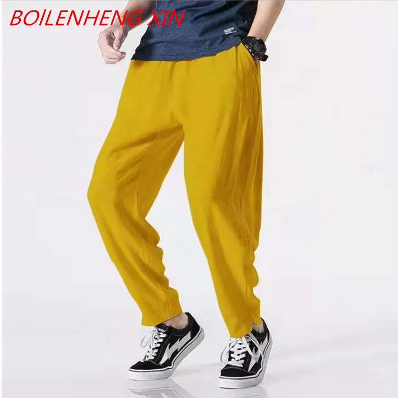 

2021 New Men's Cotton Linen Pants Male Summer Breathable Solid Color Linen Trousers Fitness Straight Type Streetwear