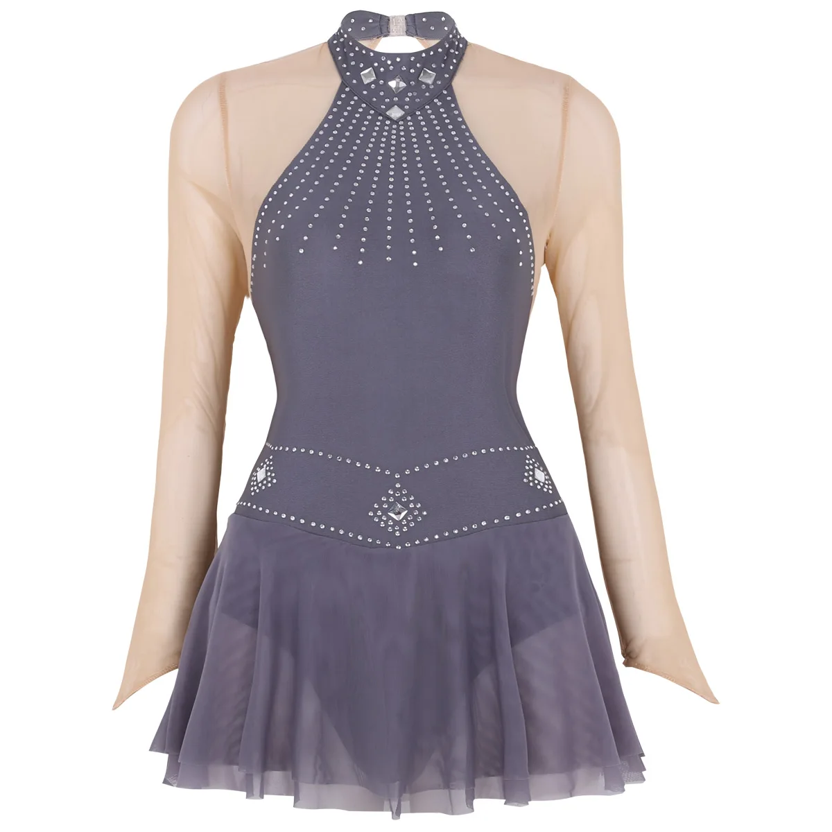 Grey Adult Shiny Rhinestones Long Sleeve Mesh Splice Ballet Gymnastics Leotard Women Figure Skating Dress Competition Dance Costumes - Цвет: Grey