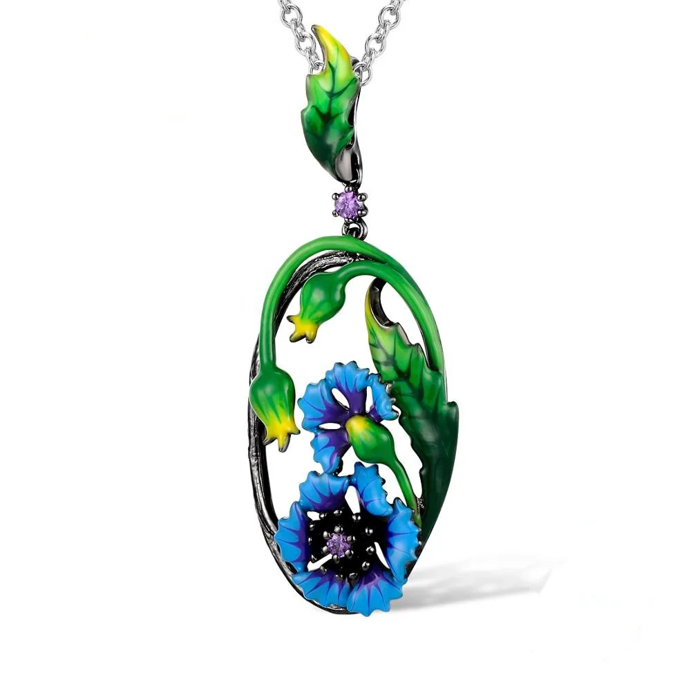 

Bohemia Jewelry Blue Daisy Black Gold Pendant Necklace for Women Bud Leaf Blue Green Enamel Charm Chain Necklace Boho Jewelry