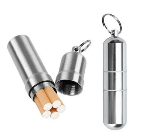 

Silver Aluminum Alloy Cigarette Box Waterproof Cigarete Case Pill Toothpick Capsule Holder with Keychain Mens Gift