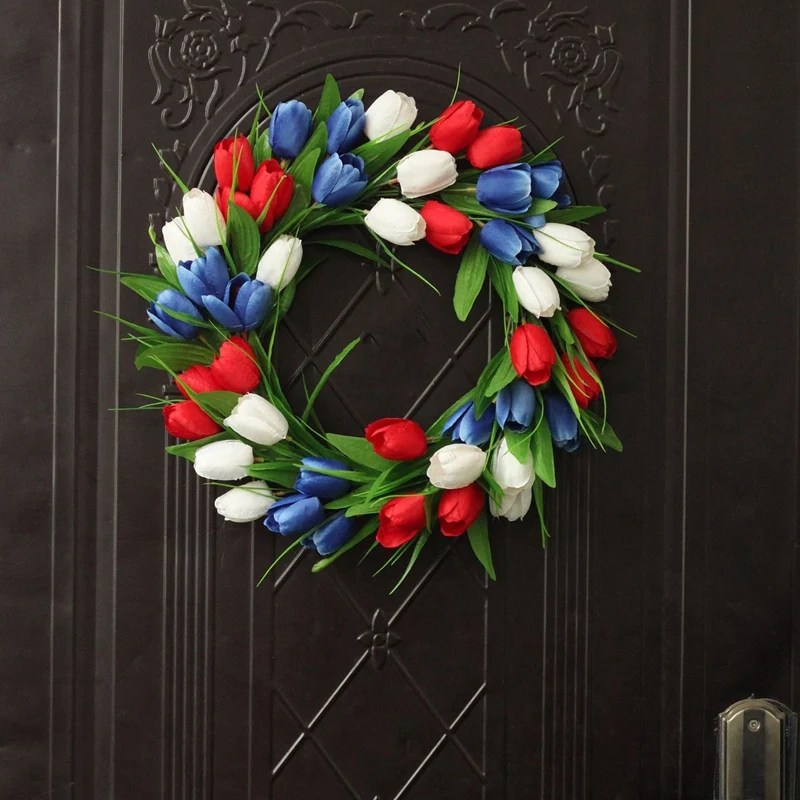 

Artificial Tulip Wreath American Independence Day Patriotic Wreath for Front Door Wall Window Wedding Party Home Decor