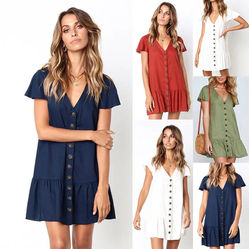 

Women Button Cotton Linen Dress V-neck Dresses Womens Loose Summer Style Feminino Vestido Casual Ladies Boho Sundress clothing