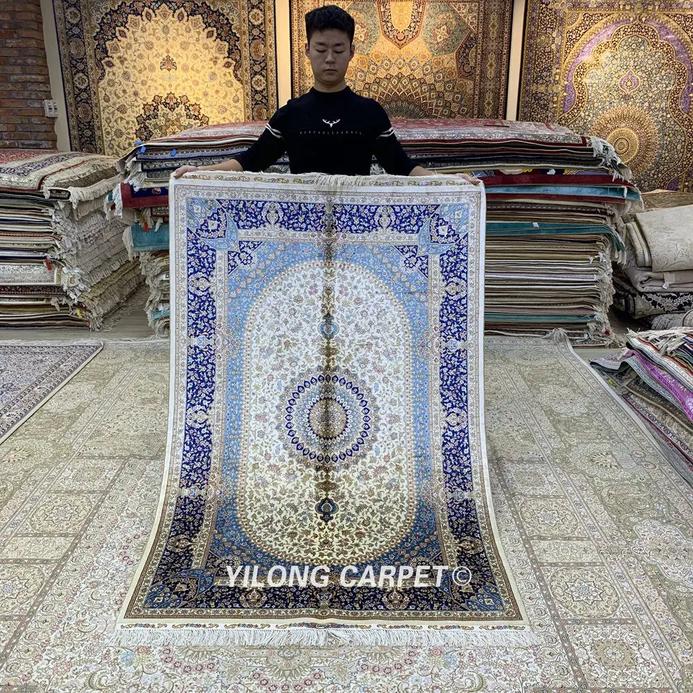 Yilong 4 'x 6' персидские синие ковры ручной работы турецкий медальон изысканный