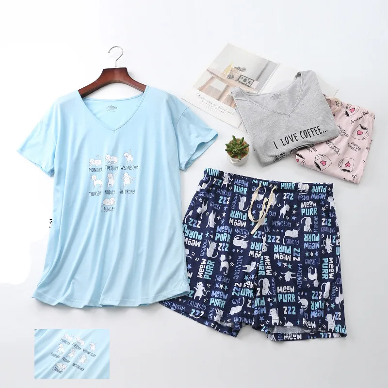 

Cotton Pajamas Set Short Sleeve T-shirt Shorts 2Piece/Set Summer Sexy Hot Pyjama Big Size Mom Homewear Cozy Plus Casua Sleepwear