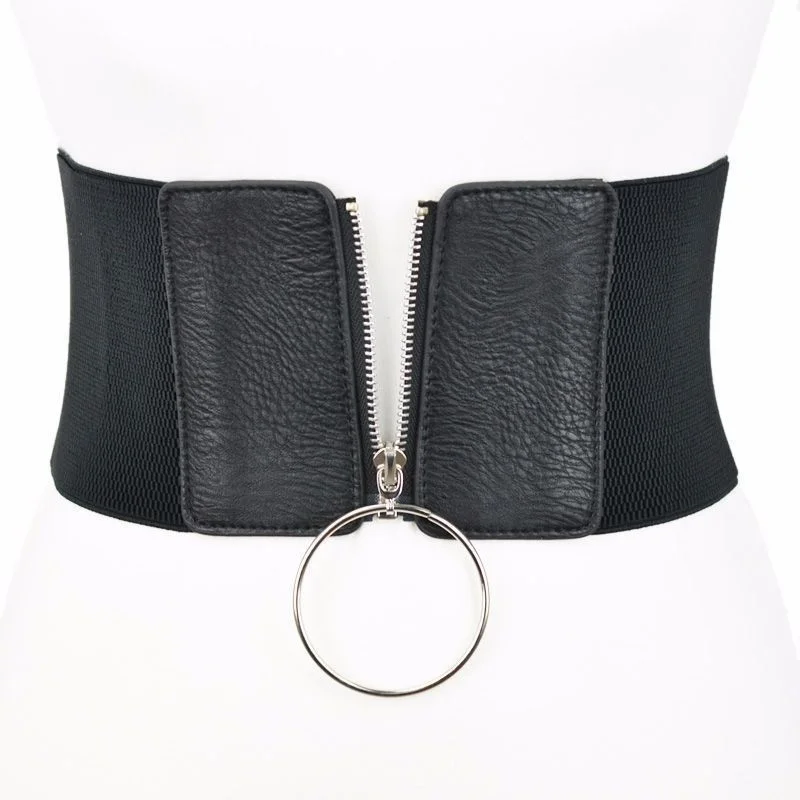 

Women Ultra Wide Belt for Dresses Ladies Elastic Belts Female Big Metal Circle Ring Black Waist Strap