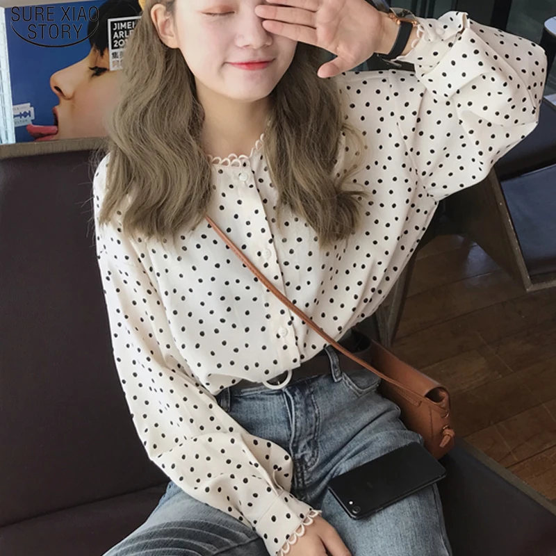 

New Vintage Polka Dot Women Blouse and Tops Fashion Puff Sleeve Button Up Women Shirts Elegant Female Clothing Blusas 13358