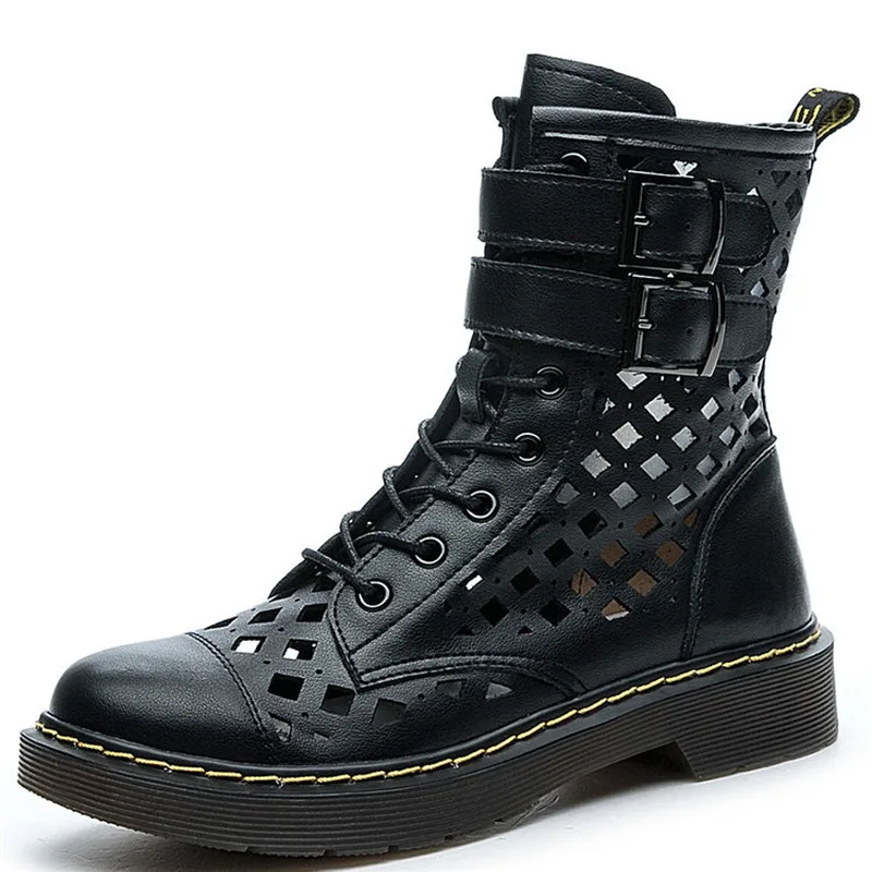 

ZXRYXGS Breathable Hollow Cool Boots Spring Summer Boots 2020 Lace-up Genuine Leather Shoes Woman Sandals Summer Martin Boots