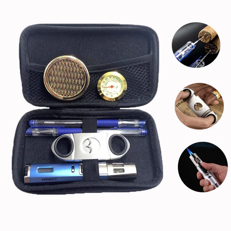 Двойная прямая синяя газовая зажигалка с пламенем и резаком для сигар