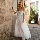 Пляжное Тюлевое свадебное платье с открытыми плечами в стиле бохо, свадебные платья-трапеции с аппликацией и разрезом, кружевные аппликации 2021