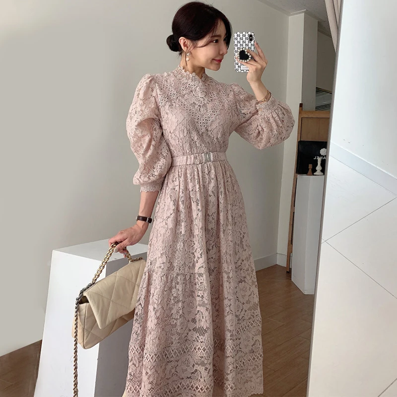 

2021 New Arrival Elegant Runway Crochet Lace Dress Women's Lantern Sleeve Stand Collar A Line Long Dress With Belt vestidos