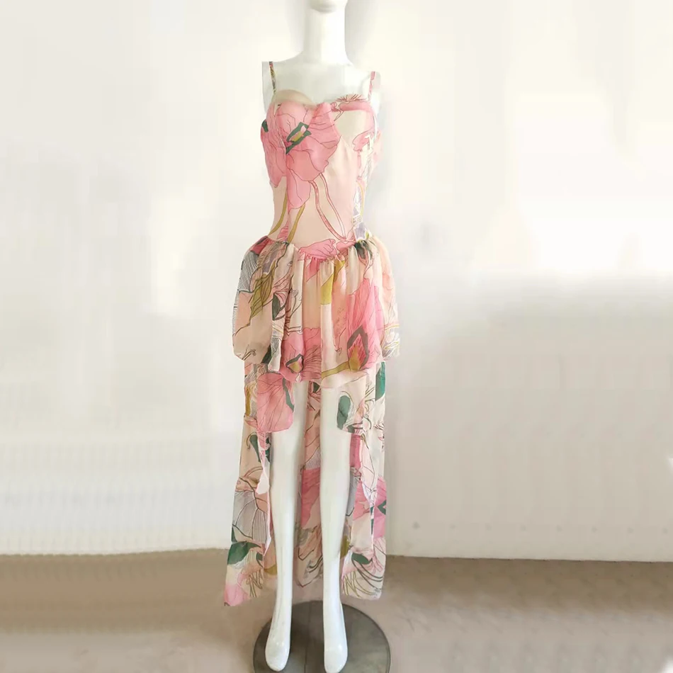 Женское платье в пол с каскадными оборками элегантное вечернее принтом лето 2021 |