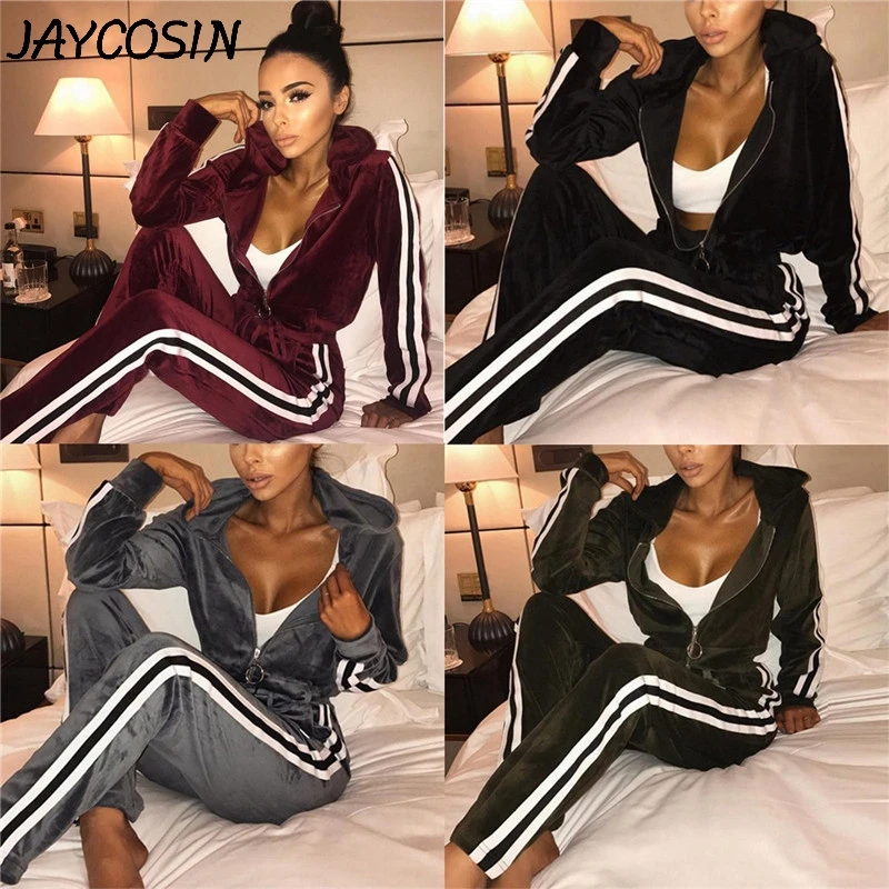 JAYCOSIN спортивный костюм для женщин с золотым бархатом с длинным рукавом на молнии Толстовка Топ боковые полосатые штаны комплект из 2 предметов повседневные спортивные костюмы