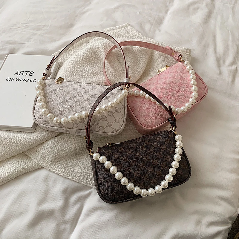 

2021 Shoulder Handbags and Purses Retro Flowers Pattern PU Leather Armpit Baguette Crossbody Bag with Short Beading for Women