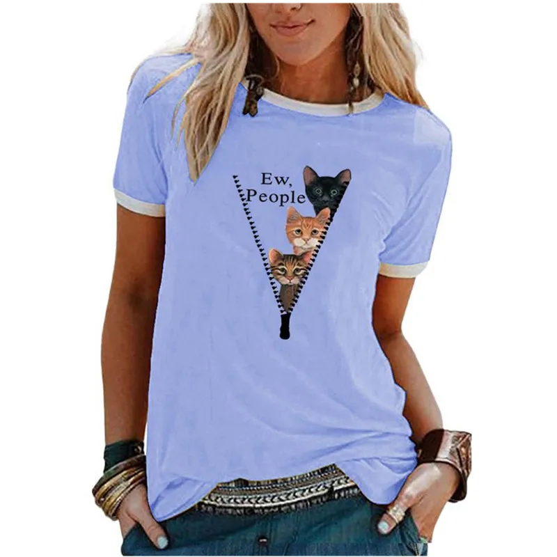 

Funny Cat Print T-Shrit Women Casual All-match Tshirt Summer Short Sleeve Splice Tops S-2XL Pullover Top Fashion Lady Streetwear
