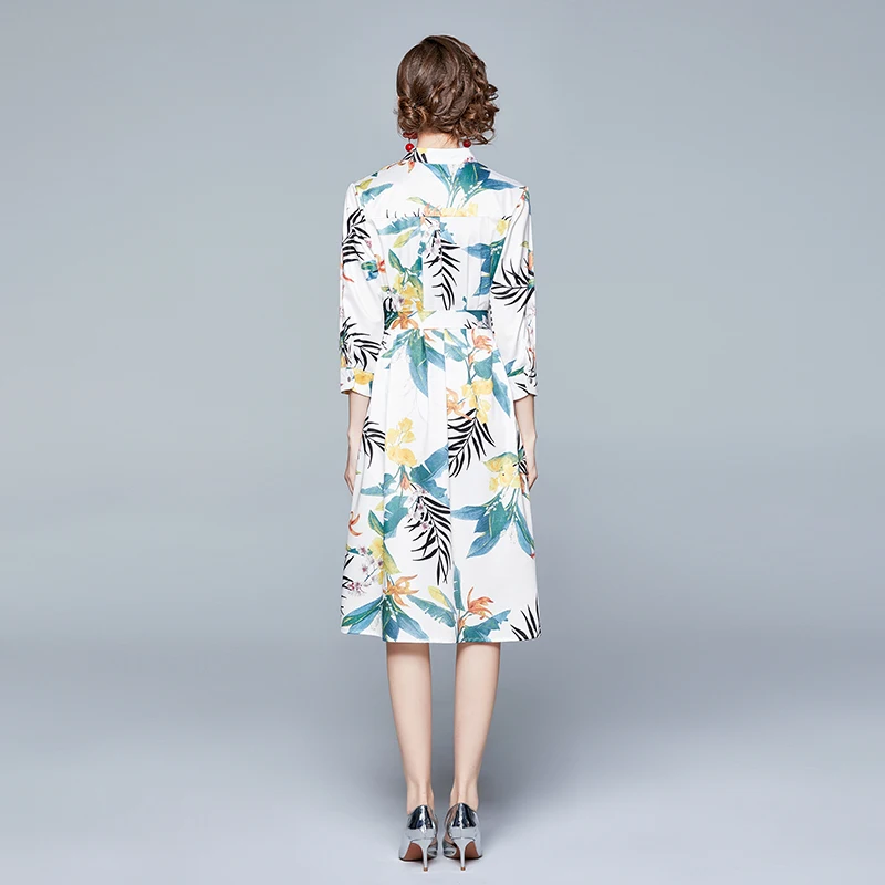 

Blouse Dress Women Three Quarter Sleeve Elegant Office Party A Line Print Midi Dress Woman Clothing
