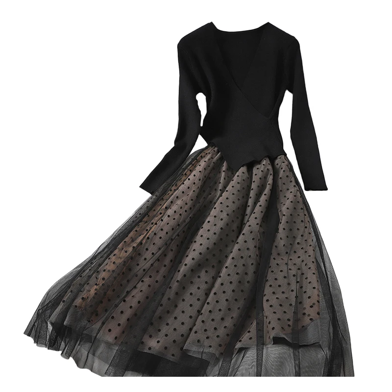 Женское трикотажное платье в горошек Fitaylor черное стиле пэчворк с длинным рукавом