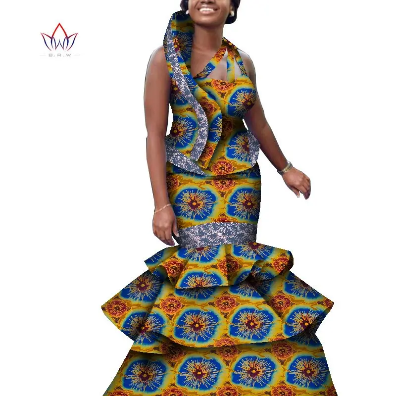 Custom African Women Two-piece Suit Sleeveless top+overlapping Pleated Floor Length Skirt 2 Pieces African Style Clothing WY8597