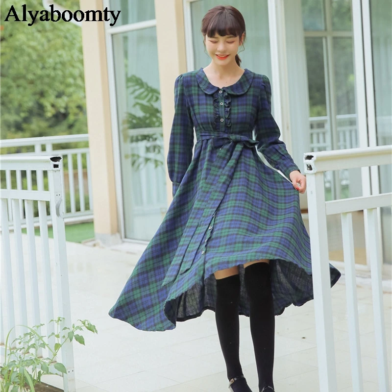 Женское длинное платье весна осень элегантное клетчатое рубашка приличное в