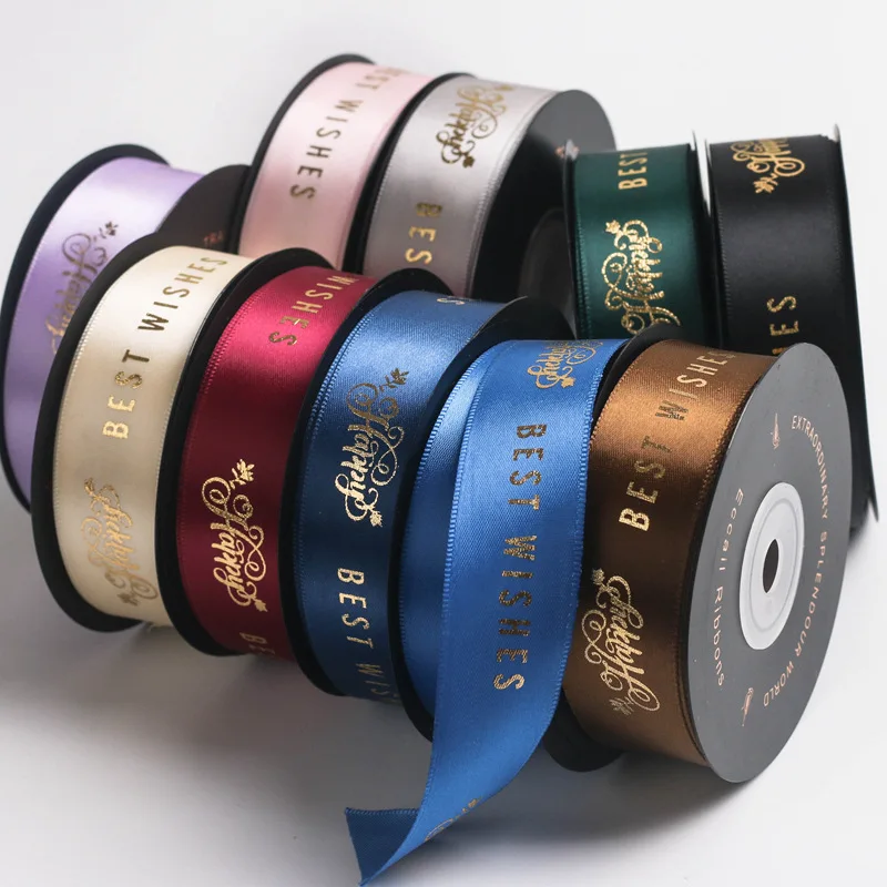 

20yards hot sale Bronzing happy best wishes letter printing polyester ribbon flowers festival greetings ribbon gift packaging