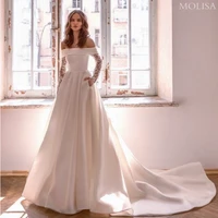 off shoulder vestidos de novia white satin wedding dresses 2022 a line boat neck long sleeves cheap lace bridal gown for bride