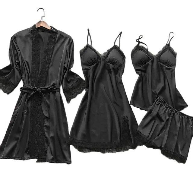 

Women Pajamas Set Satin Sleepwear Silk 4 Pieces Nightwear Pyjama Spaghetti Strap Lace Sleep Lounge Pijama With Chest Pad