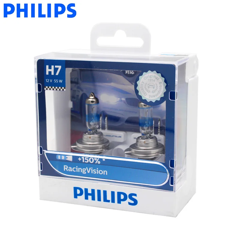 Philips H7 12V 55W Racing Vision+ 150% более яркие Автомобильные фары автомобильные галогенные лампы Ралли производительности ECE 12972RV S2, пара