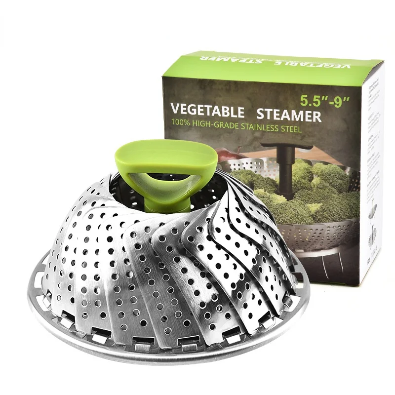

Stainless steel 9 inches triangular handle steamer telescopic folding steamer rack drawer creative fruit compote