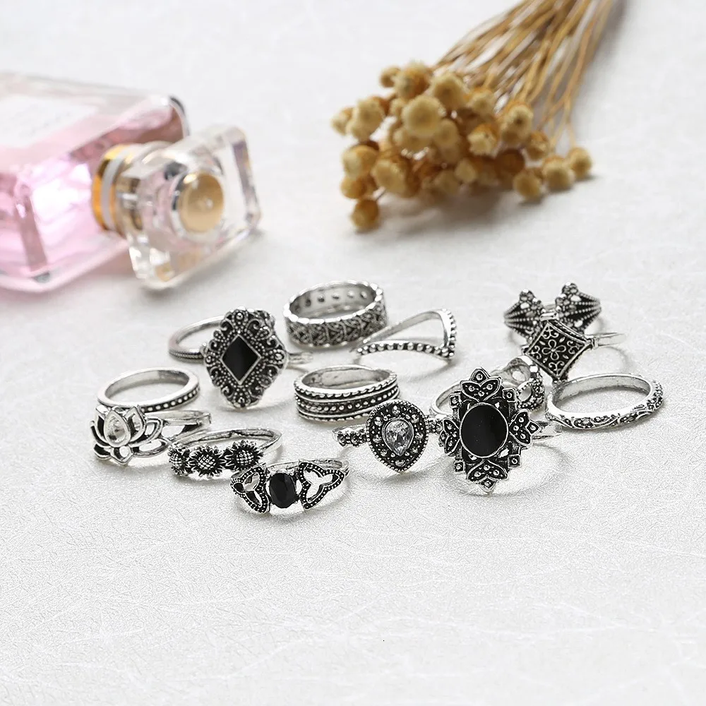 Bague Femme, винтажные кольца для женщин, геометрической формы, в стиле бохо, цветок, кристалл, кольцо на кончик пальца, набор, богемный, миди, ювелирные изделия, серебряный цвет