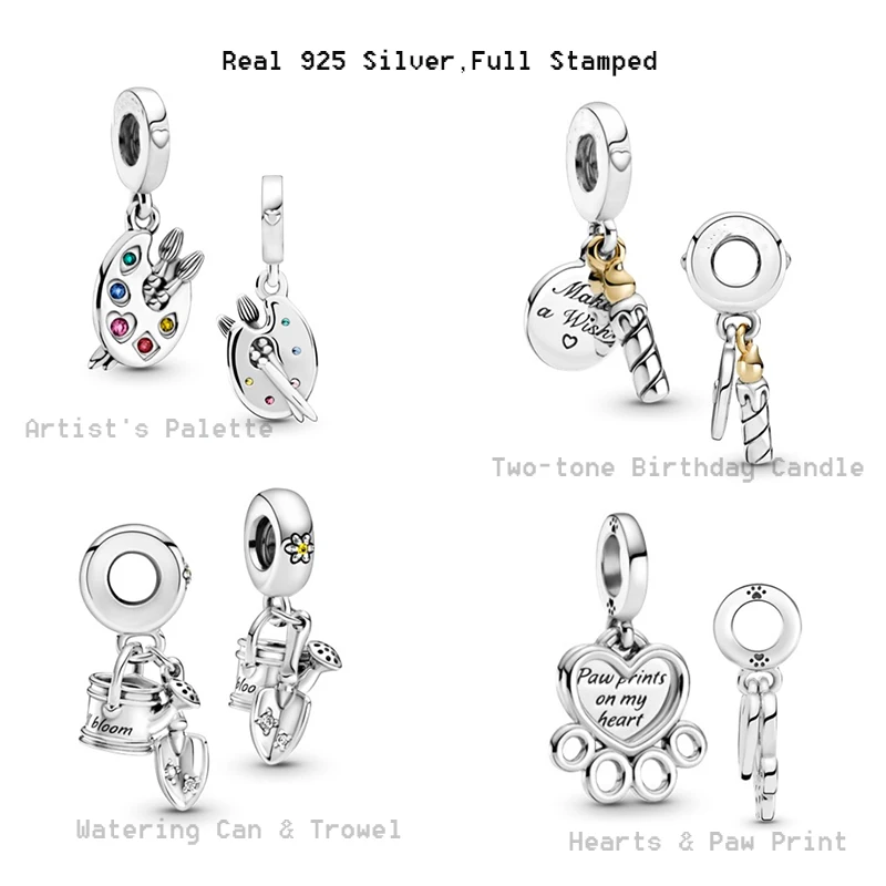 

Real Silver 925 Hearts Paw Print Pendants Watering Can Charms Bracelets Artist Palette Fits Original Bangles Female Girls Gifts