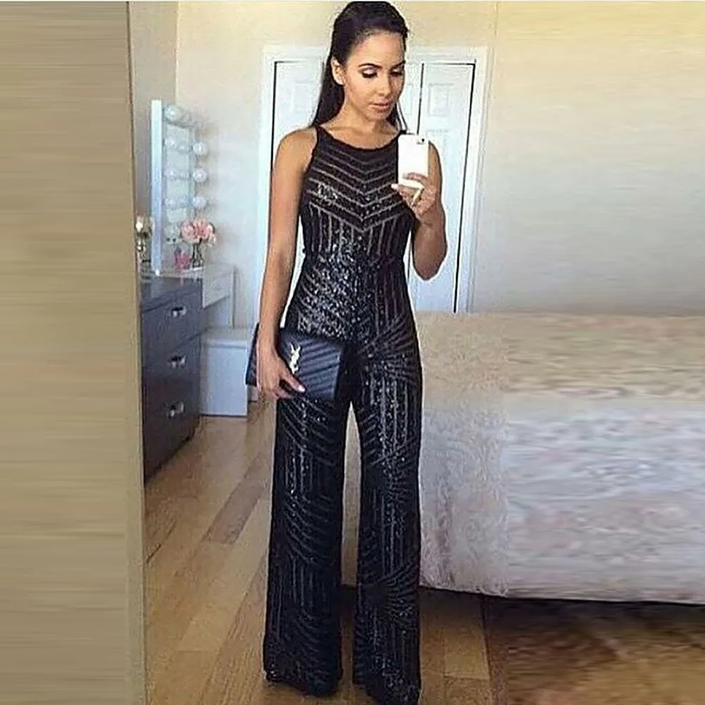 SEBOWEL Woman Summer Geometric Stripe Sequins Sleeveless Wide Leg Jumpsuit Female Black/Apricot Spahetti Strap Sparkle Rompers |