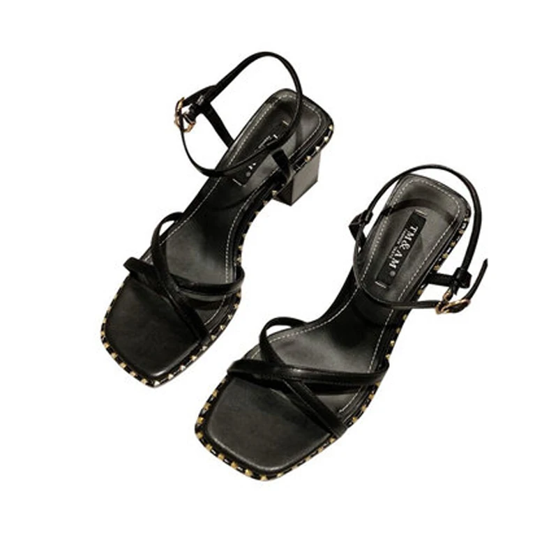 

Black Sexy Genuine Leather Buckle Thick Heel High Heel Sandals Summer Square Toe Open Toe Casual Beach Sandals