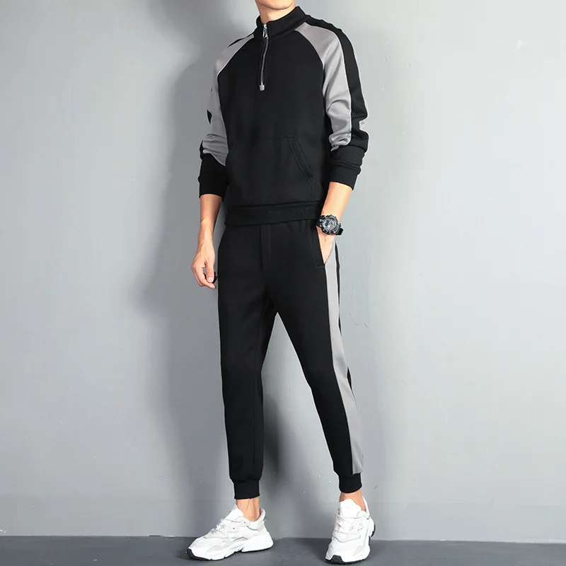 

2021new Autumn Men's Suit Black Stitched Long Sleeved Trousers Loose Large Leisure Sports Youth Running Fitness Competition Suit