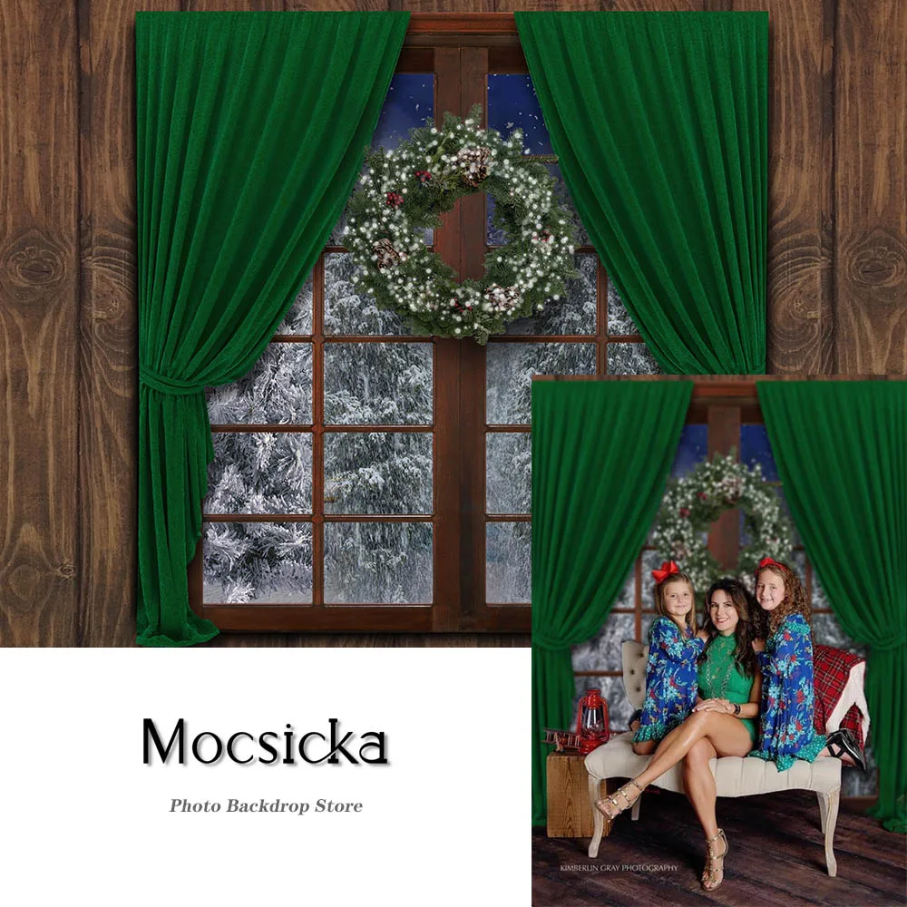 

Vintage Christmas Backdrop Dark Green Curtains Decor Photography Xmas Windown Wooden Room Photo Props Studio Booth Background