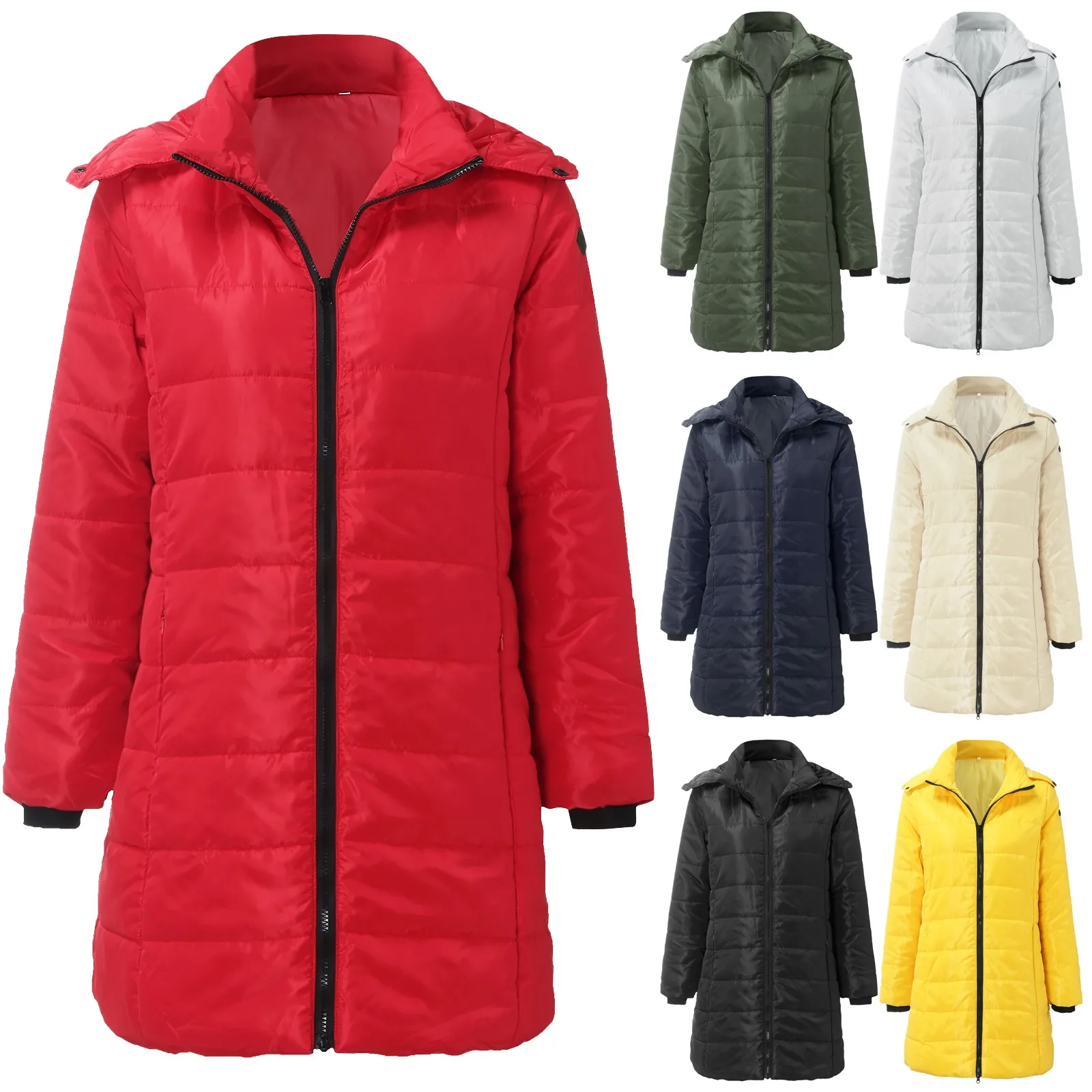 

Куртка на хлопковом наполнителе с карманами, на пуговицах, свободная однотонная Длинная женская повседневная куртка на молнии с капюшоном, ...