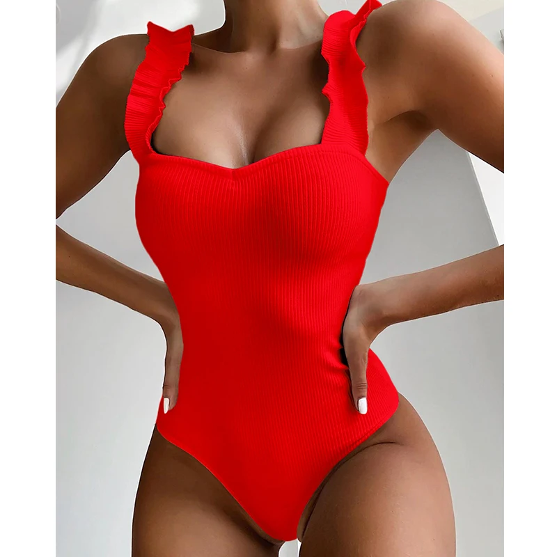 2021 Sexy Ribbed One Piece Swimsuit Women Wood Ear Ruffle Swimwear Push Up Monokini Bathing Suit Summer Beach Wear Swimming | Женская