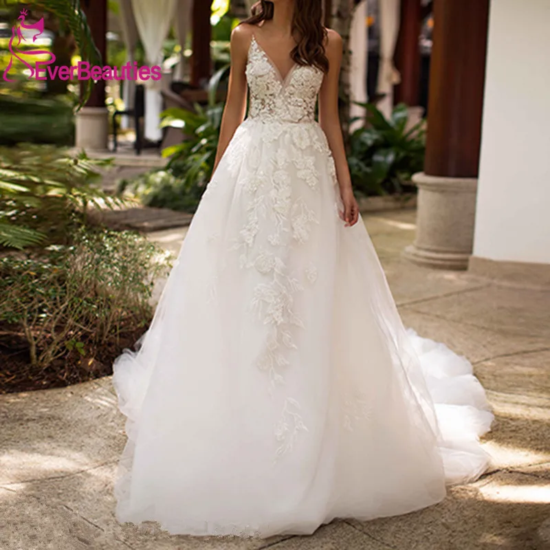 

Свадебное платье с длинным шлейфом, фатиновое платье с аппликацией и V-образным вырезом для невесты, 2020