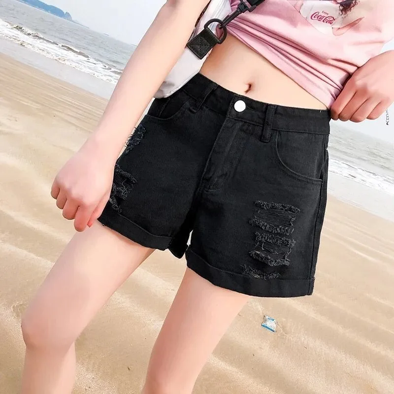 

Black denim shorts women 2020 spring and summer new style was thin high waist Korean version loose curling A-line wide leg hot p