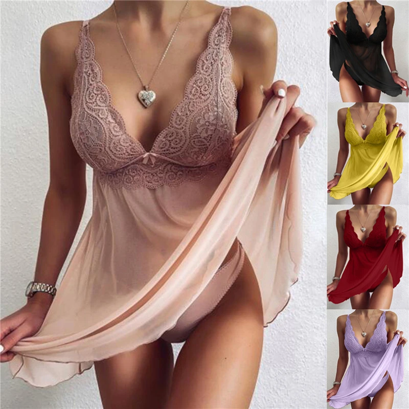 

2022 Summer Sexy Women Suspender Nightdress Women V Neck Nightwear Sleeveless Lace Female Nightgown Solid Sleepwear Femme