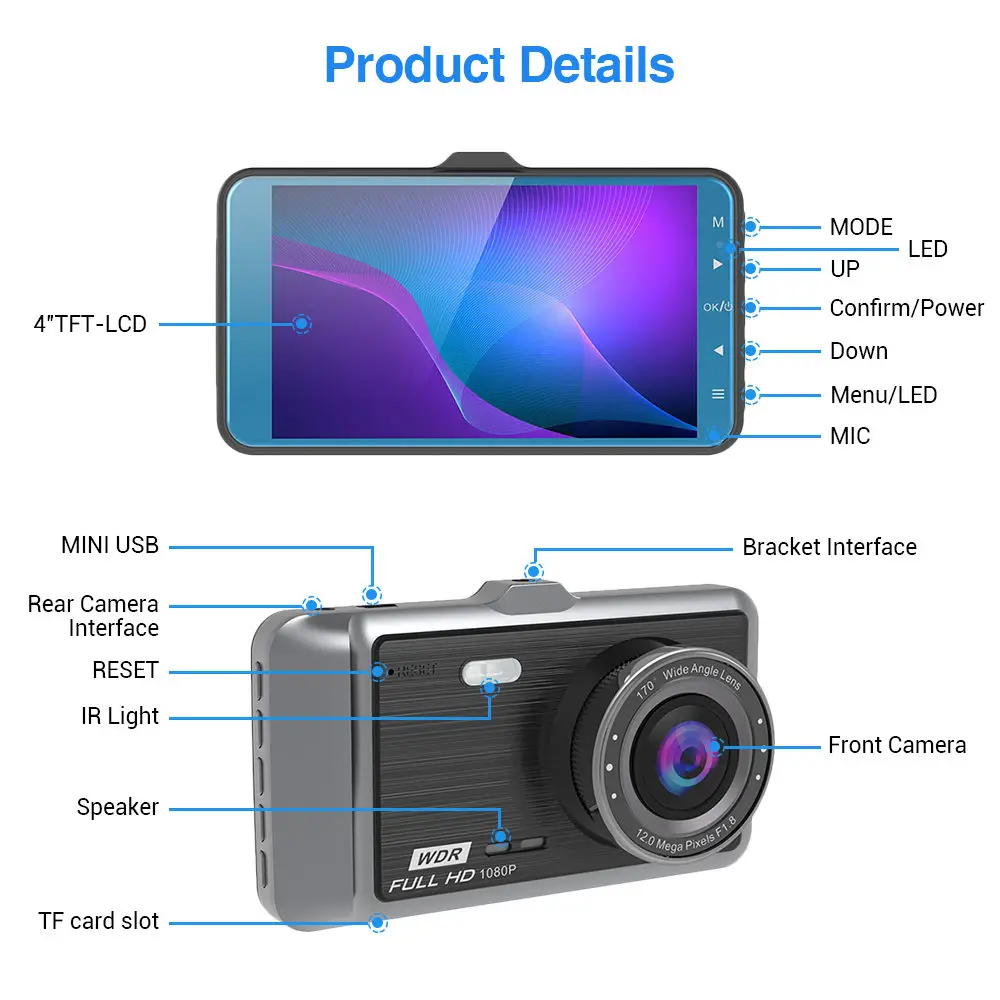 Автомобильная мини камера anyket A60 FHD 1080P 4 &quotДвойной объектив Видеорегистраторы