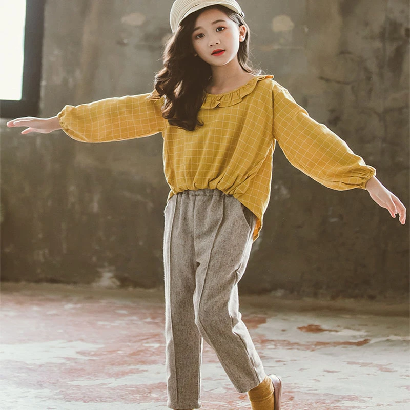 

Рубашка и штаны для девочек, в клетку, осенний, школьный, 2020