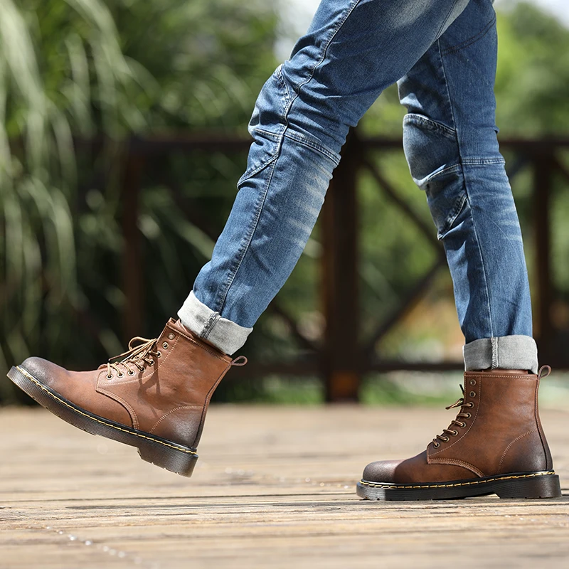 

office shoes men lace up genuine Leather Men Fashion Winter Boots round Toe Mid-Calf Boots For Men Male cow Leather Boots men