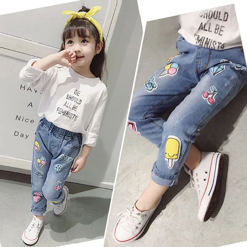 Джинсы для девочек детские весенние эластичные джинсы отдыха штаны с модным