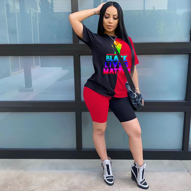 

New casual cartoon letter printing sports suit summer fashion loose o-neck short sleeve and shorts women's two-piece set