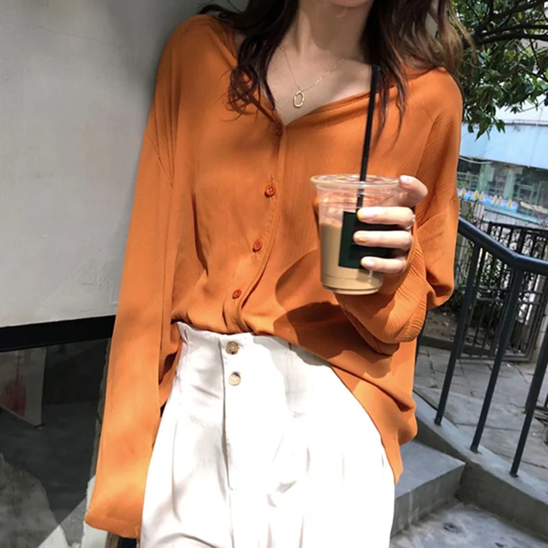 

Korean Style Women's Casual V Neck Button Up Long Sleeve Solid Blouse Casual women's shirt blusas harajuku