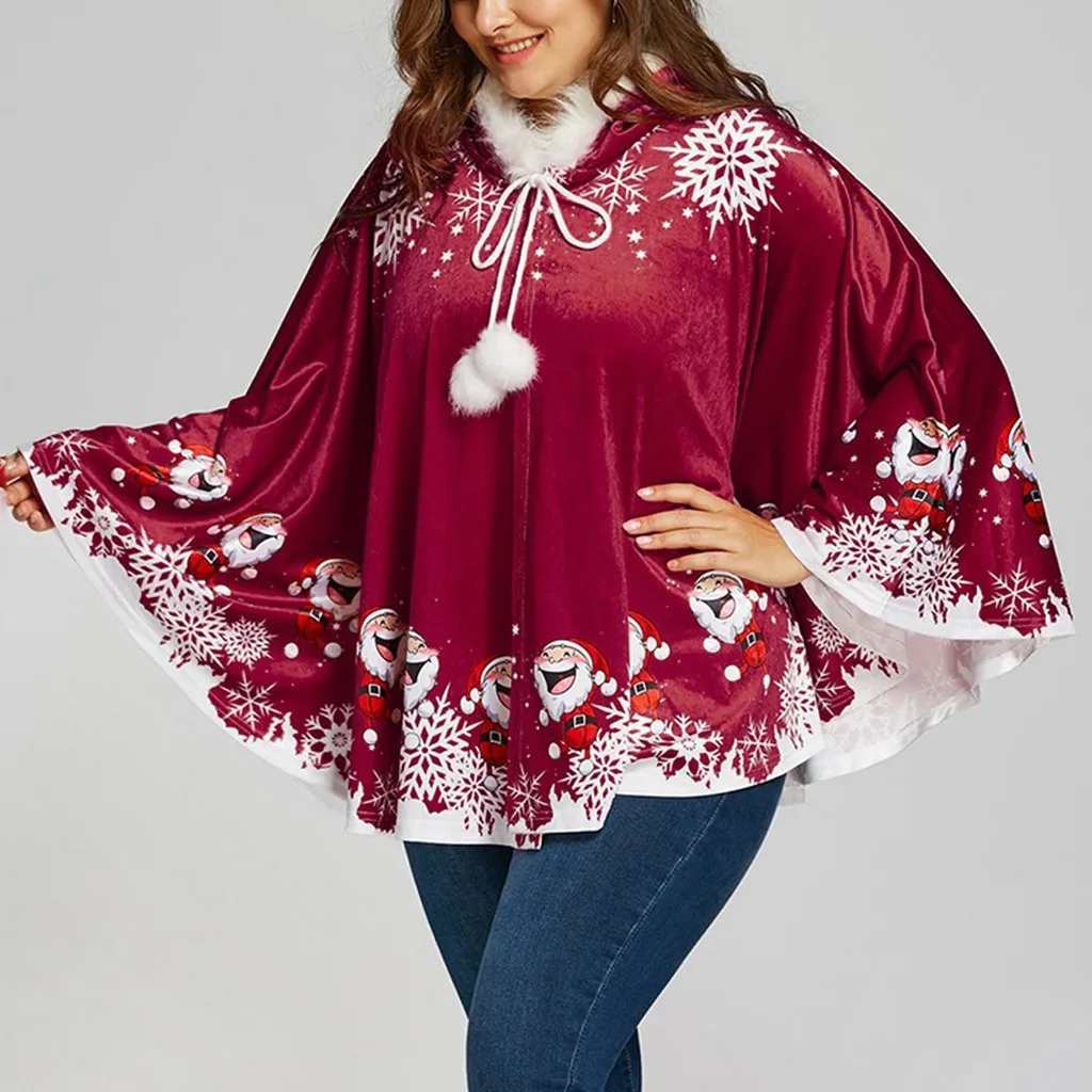 Fashion Women's Fur Christmas Santa Claus Cloak Xmas Costume Matching Fuzzy Ball Hooded Ladies Dress Female Winter Clock | Женская